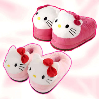 Plush Hello Kitty head slippers in pink and white, showing two pairs with red bow accents