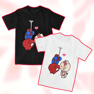 Two T-shirts: black and white with Spider-Man and Hello Kitty love graphic