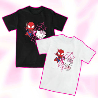 Pair of T-shirts: black and white, each with Spider-Man and Hello Kitty pink web print