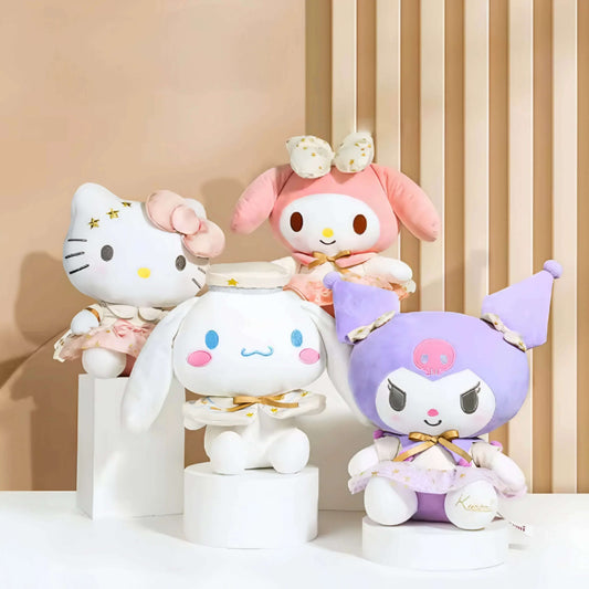 Three plush characters in pastel outfits with bows, seated on display stools