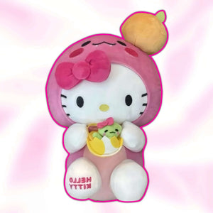 Hello Kitty plushie in pink hood with bow, white face, tan headpiece, soft seated pose