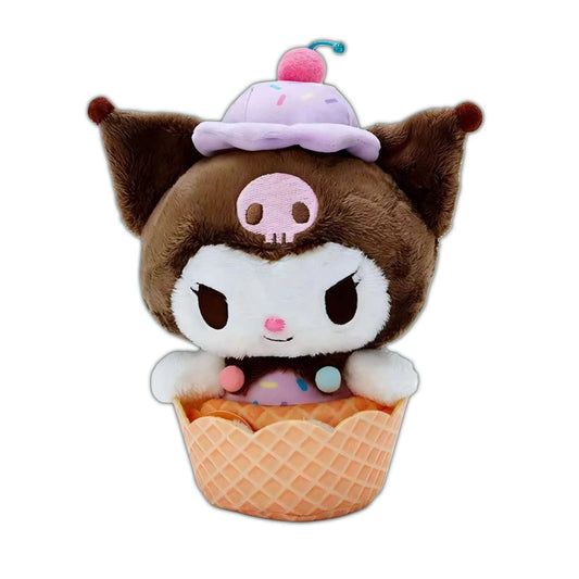 Ice cream cone plushie keychain, brown and white bear character in orange cone
