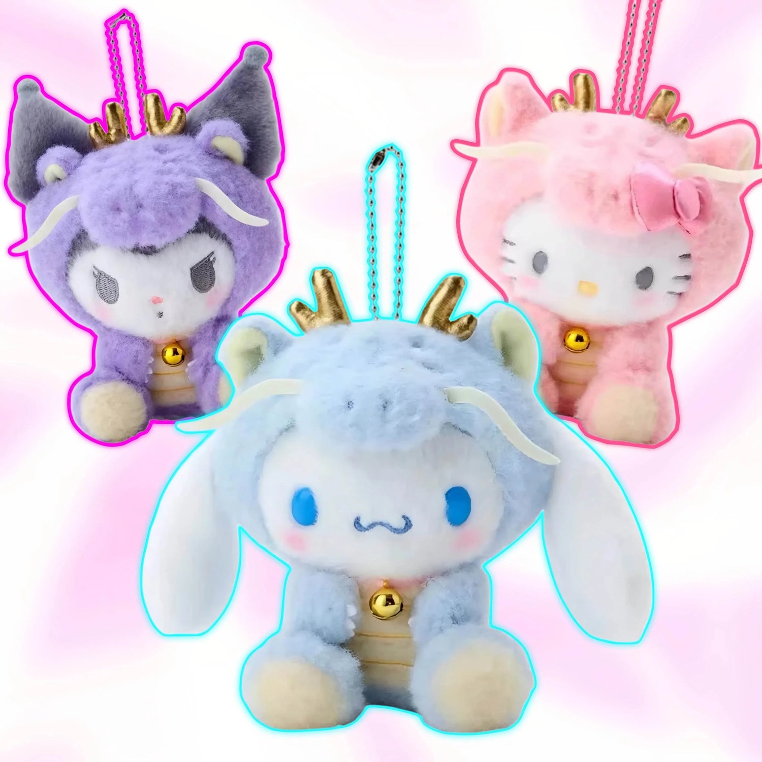 Purple plush dragon keychain with dangling gold bell and small horn-like accents