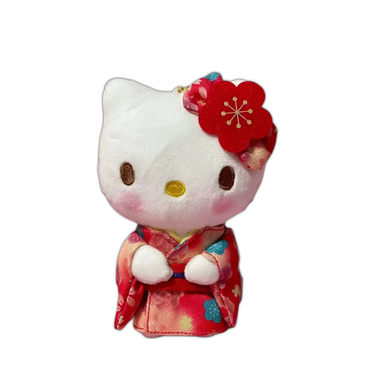 Red plush keychain kimono dress doll with flower bow and hanging loop