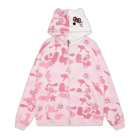 Pink zip-up hoodie with Hello Kitty face hood lining and full front zipper