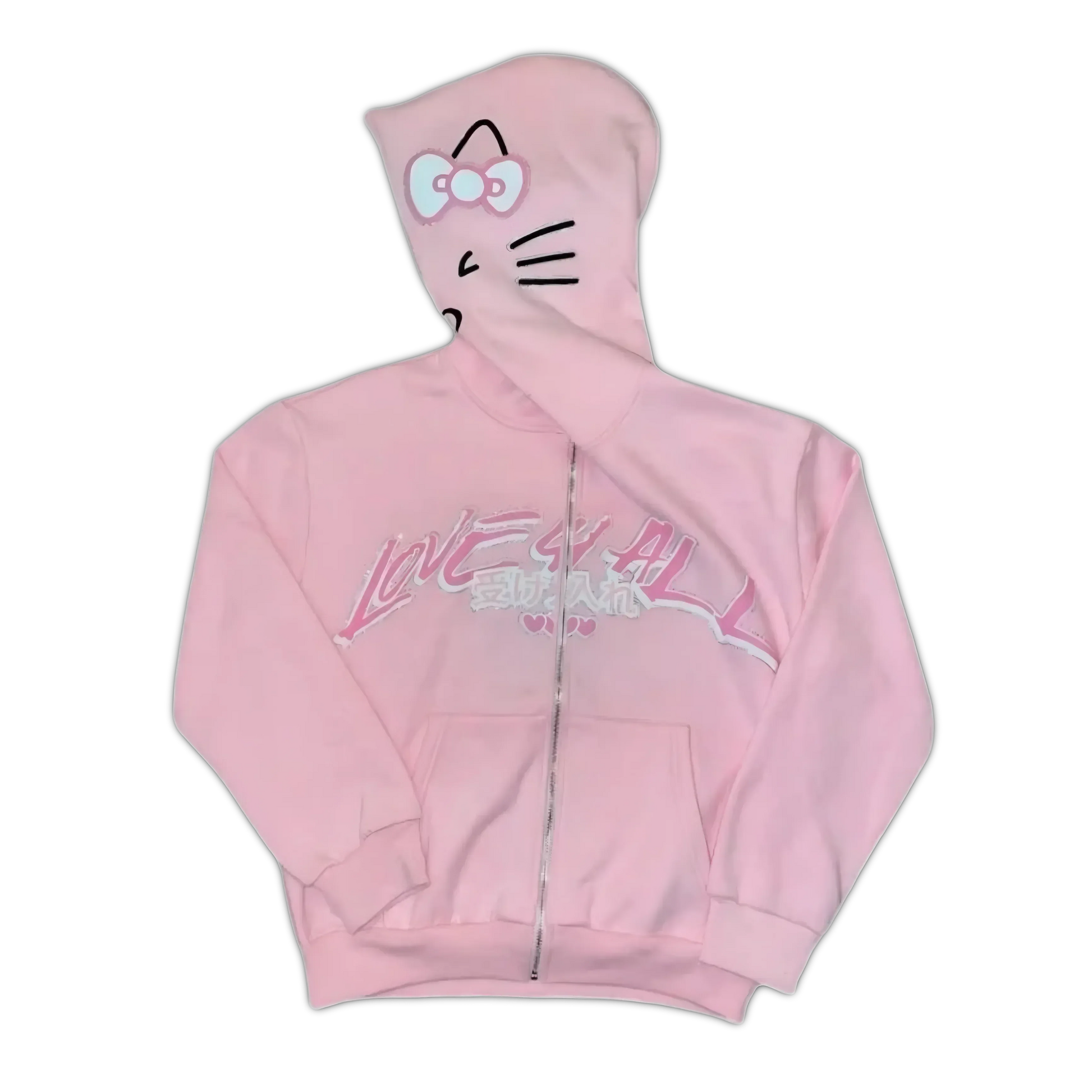 Light pink Hello Kitty zip-up hoodie with purple bow cat face on hood and chest graphic.