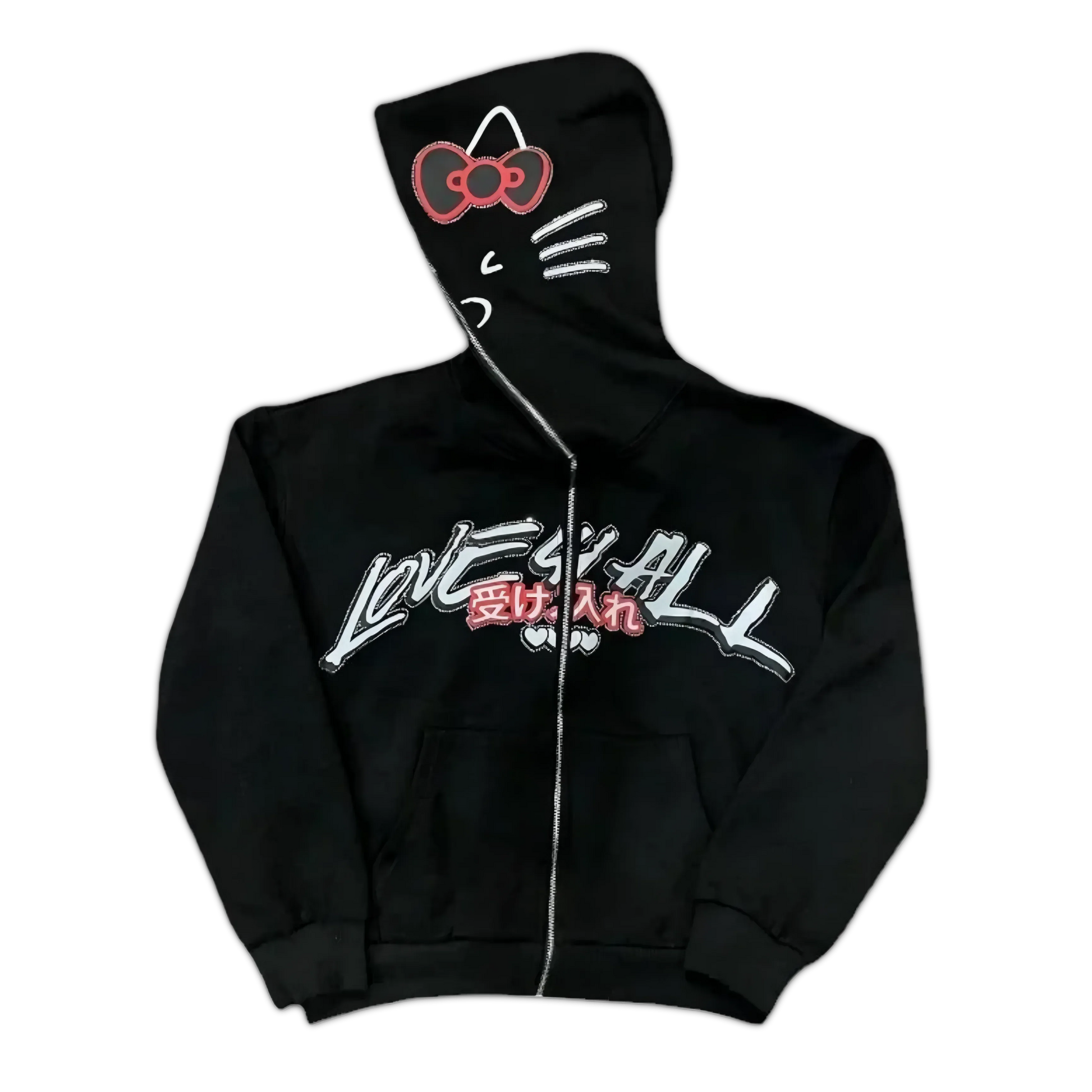 Black Hello Kitty zip-up hoodie with red bow cat face on hood and chest graphic print.
