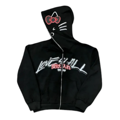Black Hello Kitty zip-up hoodie with red bow cat face on hood and chest graphic print.