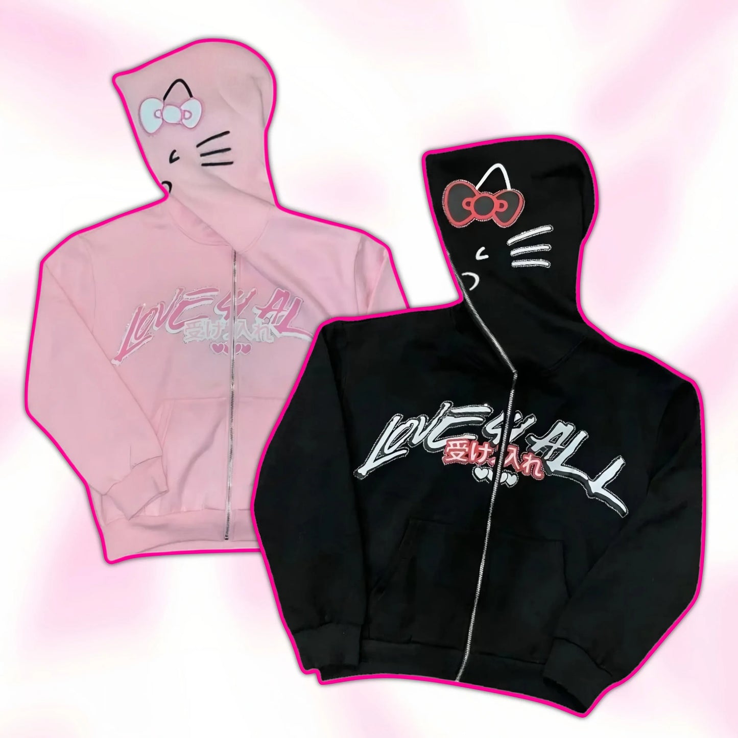 Pink and black Hello Kitty zip-up hoodie set with cat face hood and chest graphic.