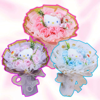 Set of Hello Kitty rose bouquets: pink, purple, and blue bouquets shown together