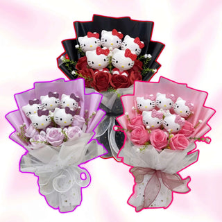 Set of three Hello Kitty bouquets in black with red roses, and pink and purple with roses
