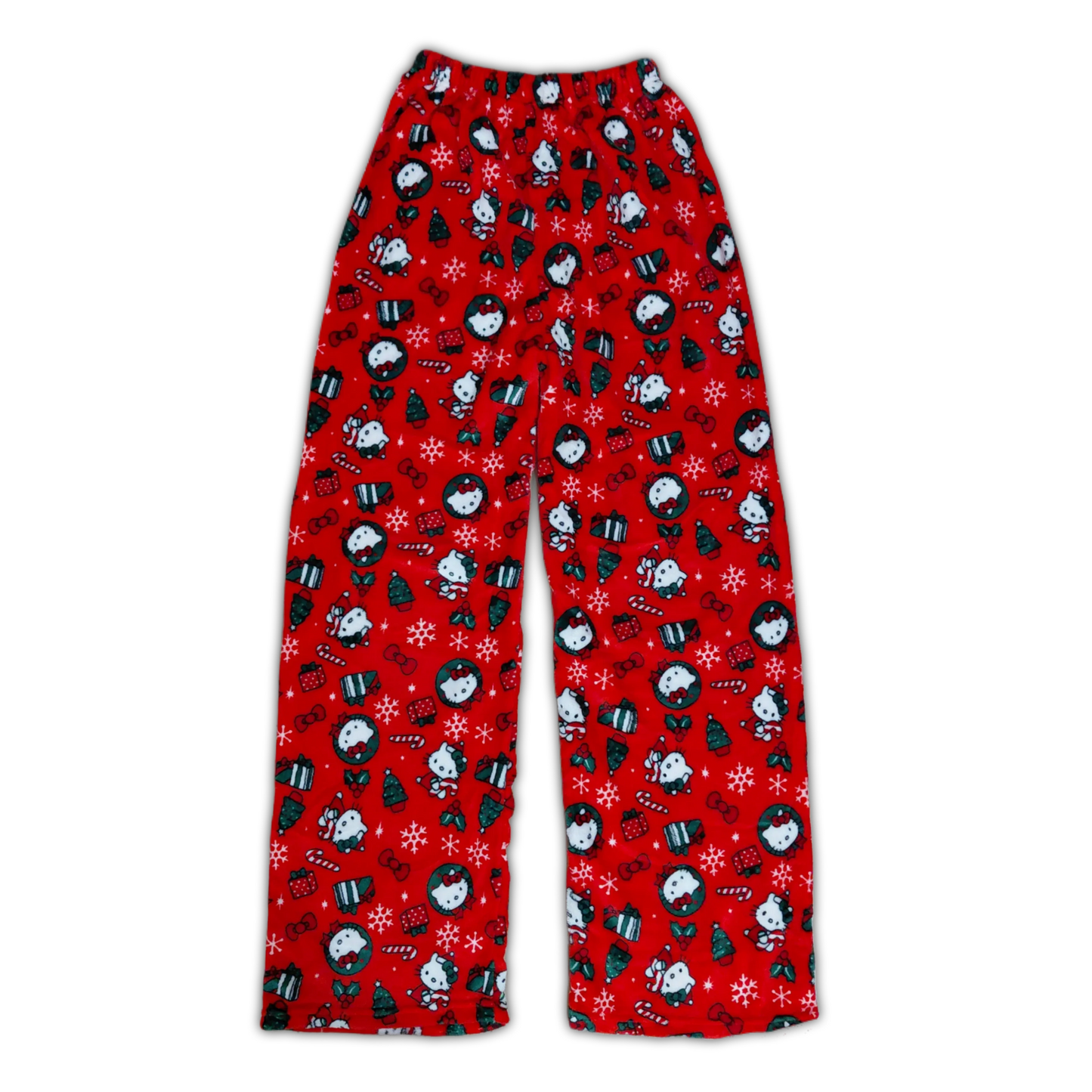 Red pajama pants with all-over penguin, ornament, and snowflake pattern, elastic waist