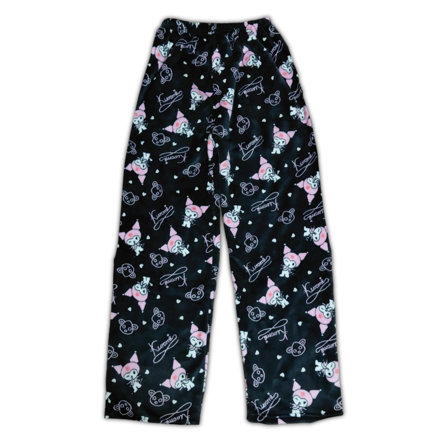 Black pajama pants with allover pink and white character print, straight legs