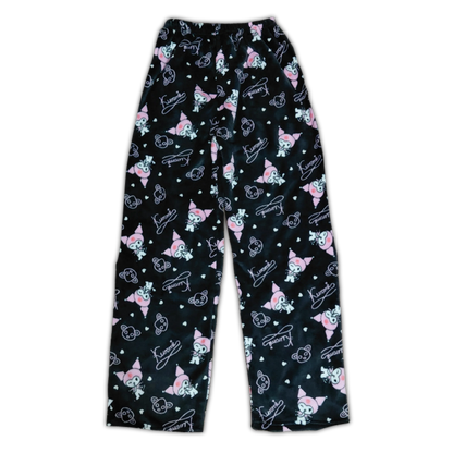 Black pajama pants with allover pink and white character print, straight legs