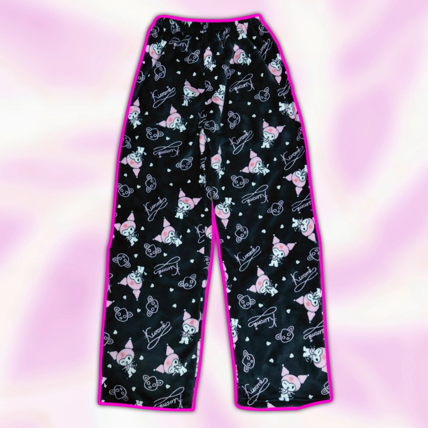 Black pajama pants with pink and white character print, wide straight fit