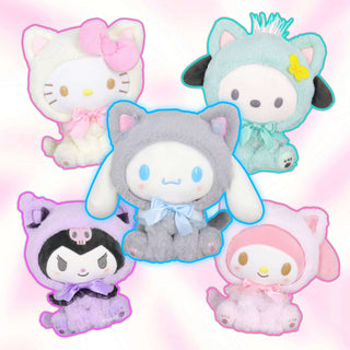 Assorted pastel cat plushies with bows, featuring white, pink, gray, lavender, and mint cats