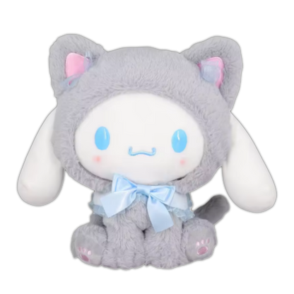 Gray cat plush with blue face accents and a light blue bow at the neck
