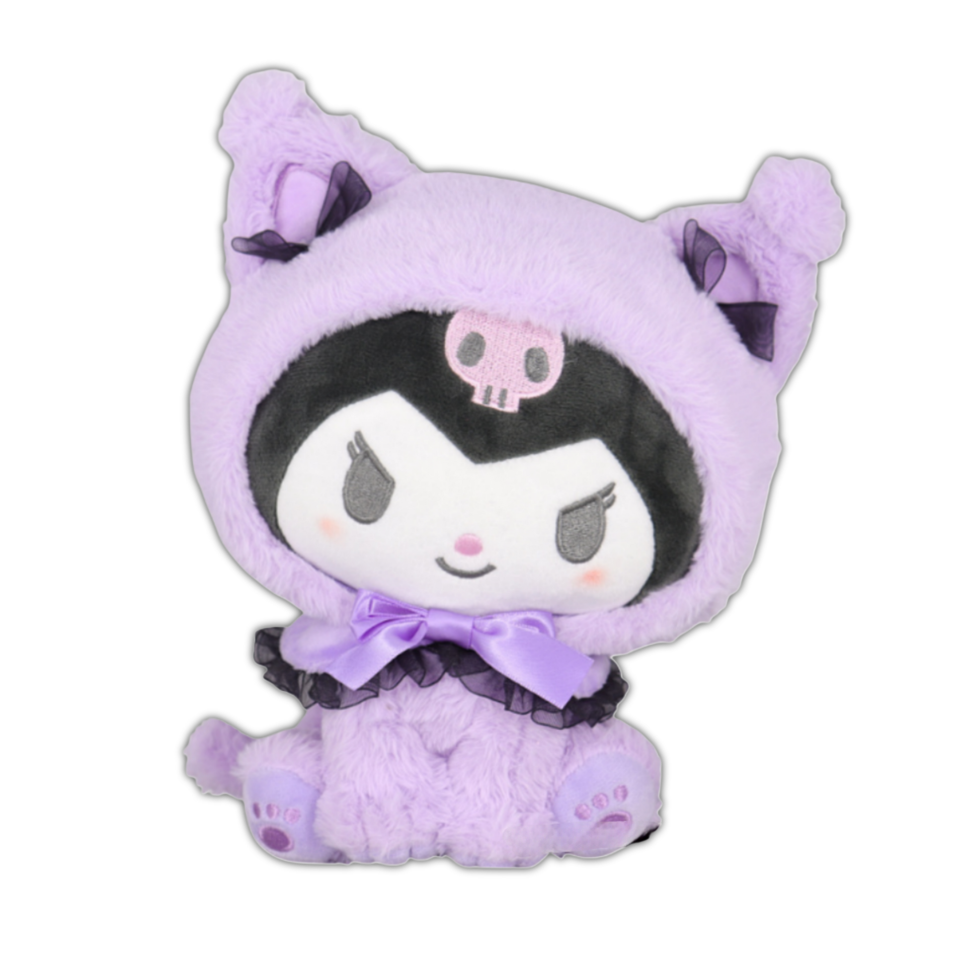 Purple cat plush with hood, smiling face patch, and bow tie at the neck