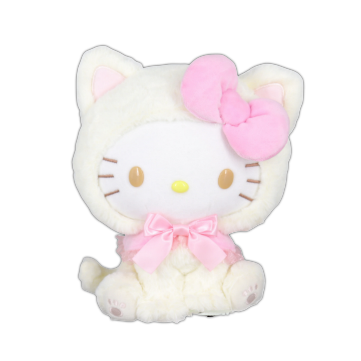 White cat plush with large pink bow, pink inner ears, and simple smiling face