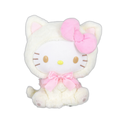 White cat plush with large pink bow, pink inner ears, and simple smiling face