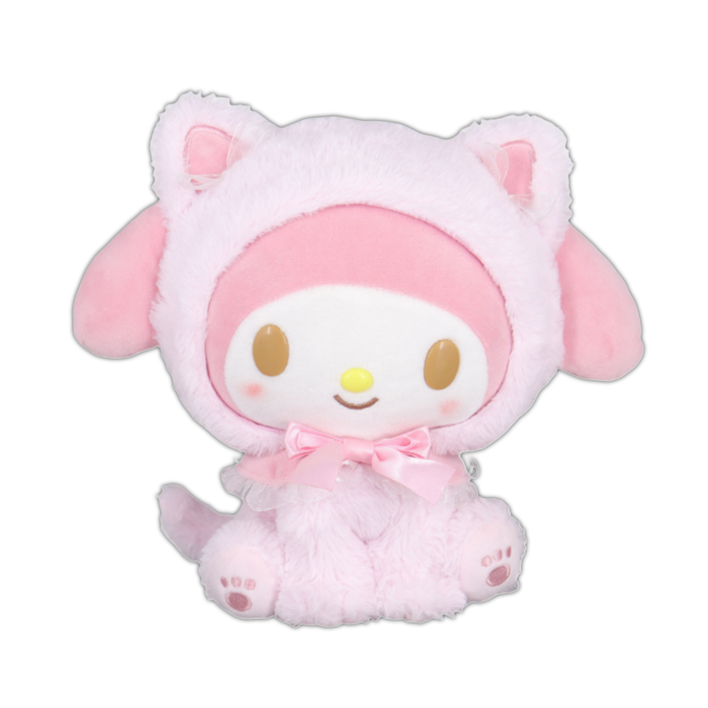 Pink-and-white cat plush with round hood, bow detail, and cute smiling face