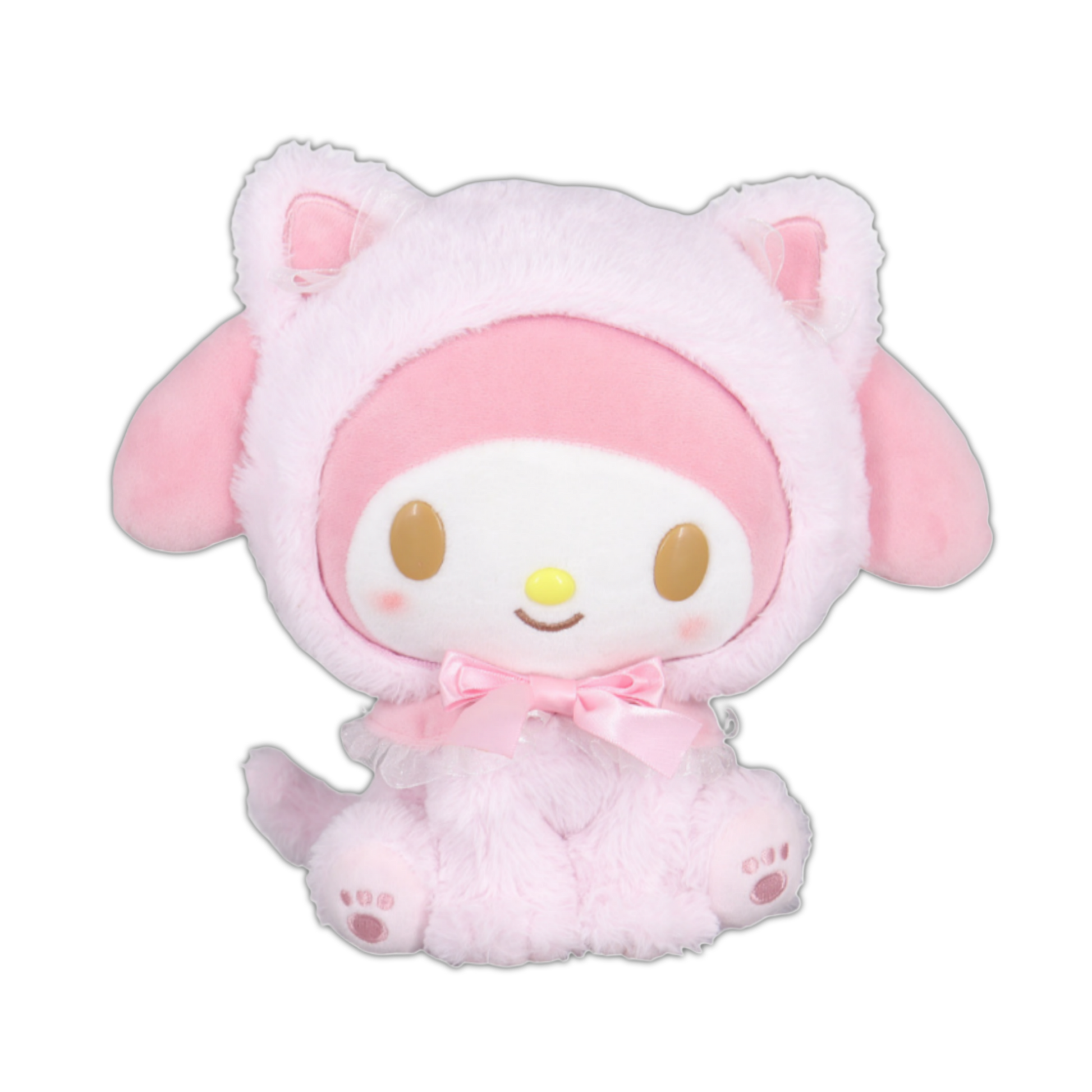 Pink-and-white cat plush with round hood, bow detail, and cute smiling face