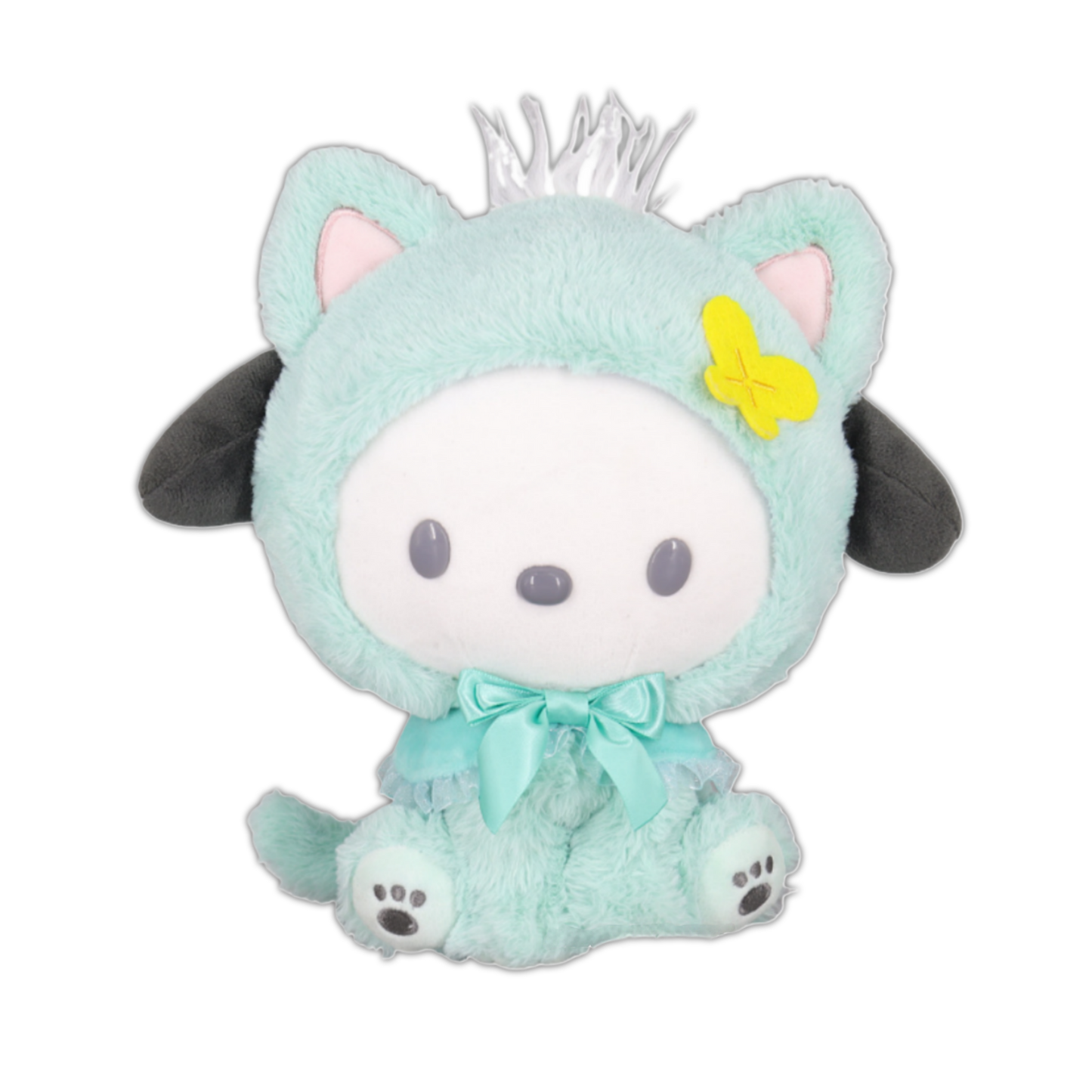 Light teal cat plush with black ear accents, yellow butterfly emblem, and neck bow