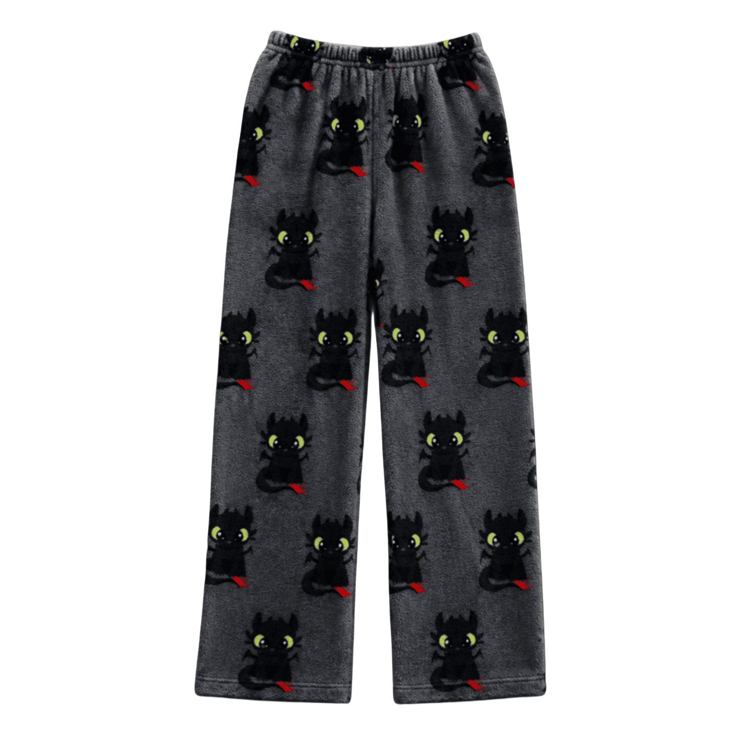 Dragon-themed pajama pants in dark gray with black dragons and green eyes