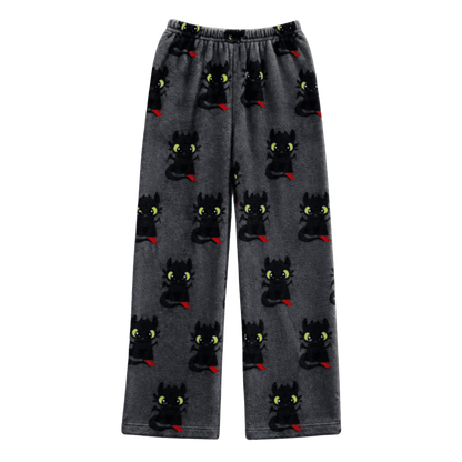 Dragon-themed pajama pants in dark gray with black dragons and green eyes