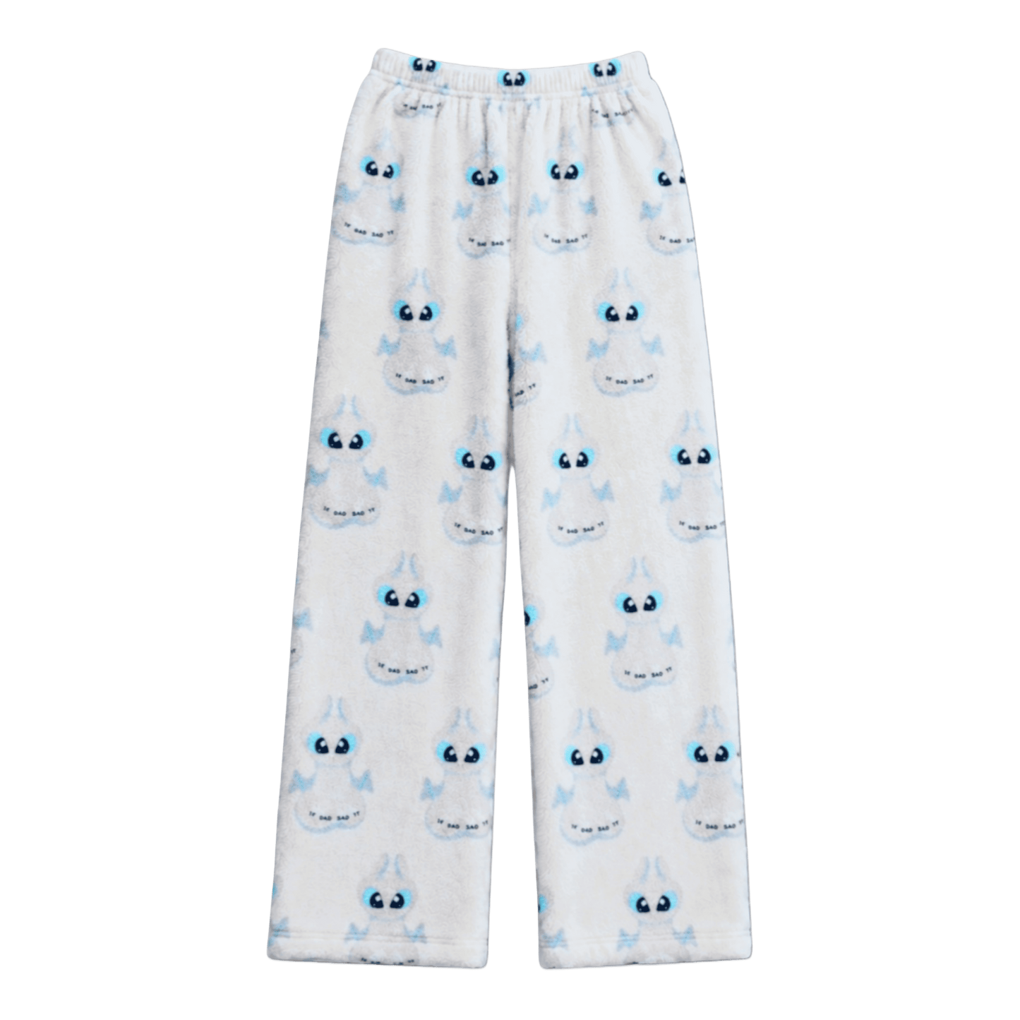 White pajama pants with allover blue dragon-face pattern and elastic waistband