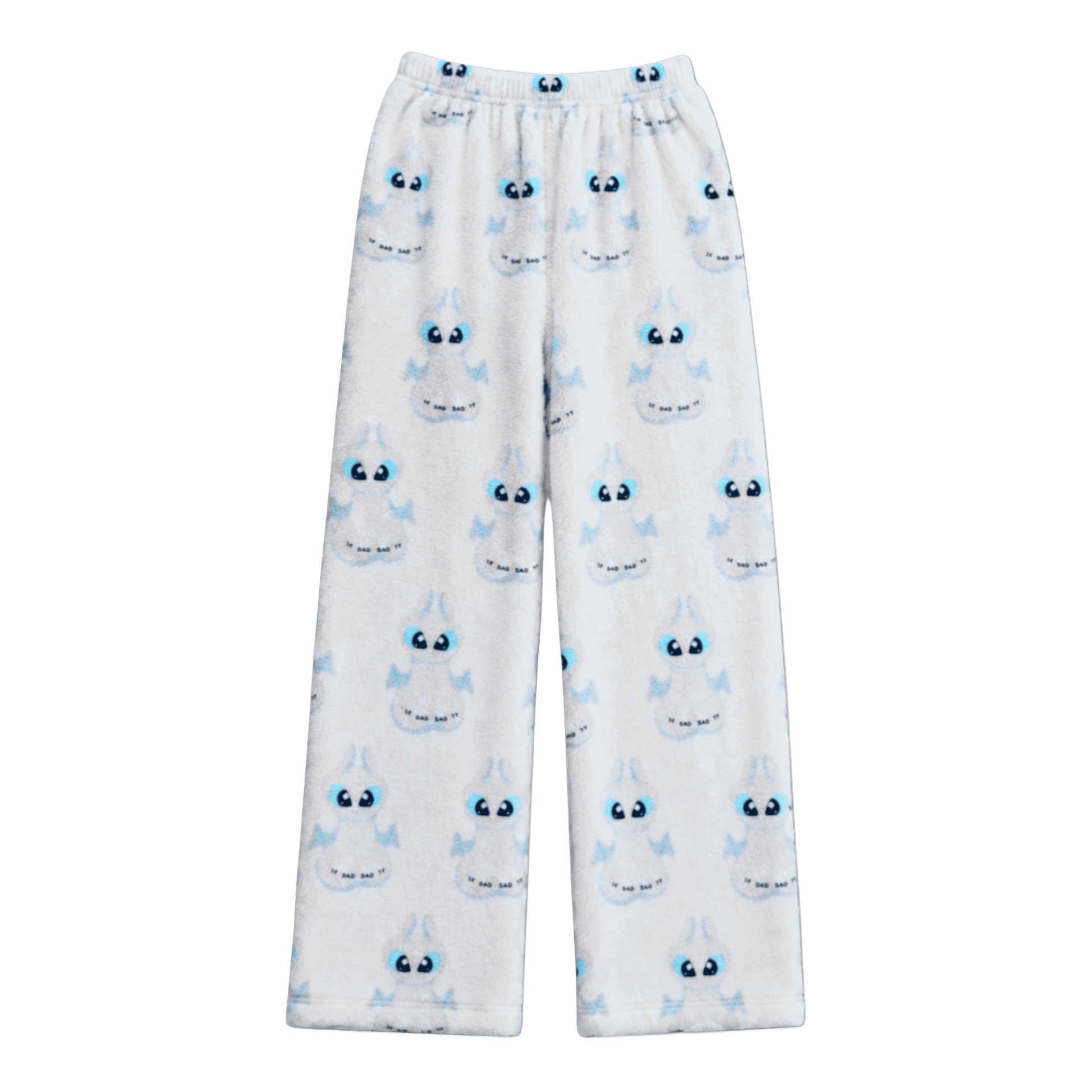 White pajama pants with allover blue dragon-face pattern and elastic waistband
