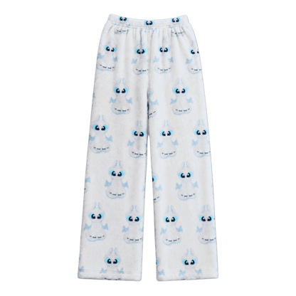 White pajama pants with allover blue dragon-face pattern and elastic waistband