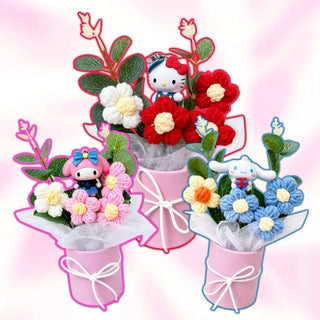 Hello Kitty crochet flower bouquets set: red, pink, and blue characters with flower heads