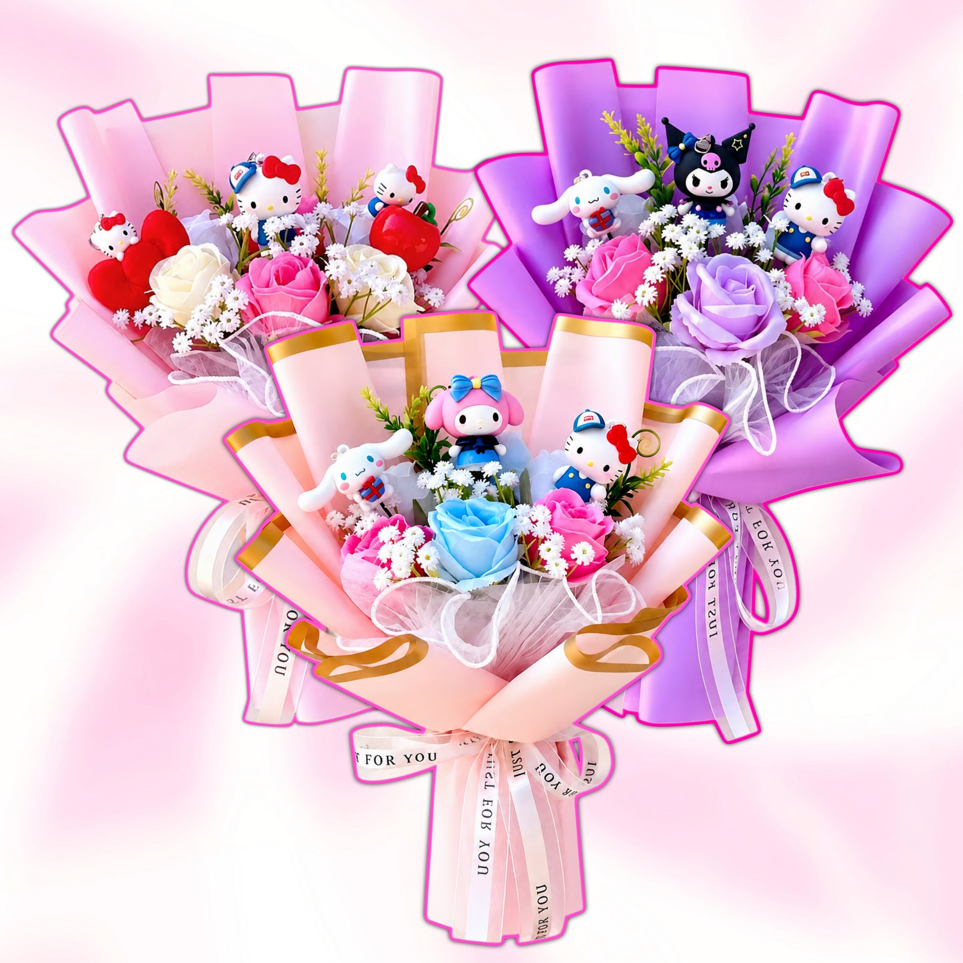 Sanrio character artificial flower bouquet with Hello Kitty, Kuromi, Melody and ribbons
