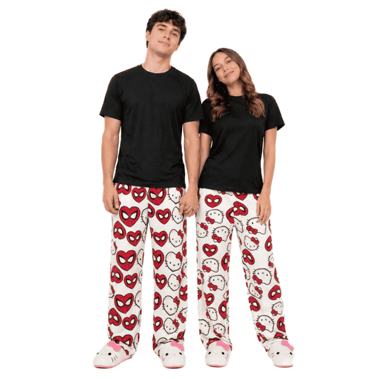 White pajama pants with Hello Kitty and Spider-Man mask print, red hearts accents