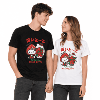 Pair of T-shirts: black and white, each with Hello Kitty strawberry graphic