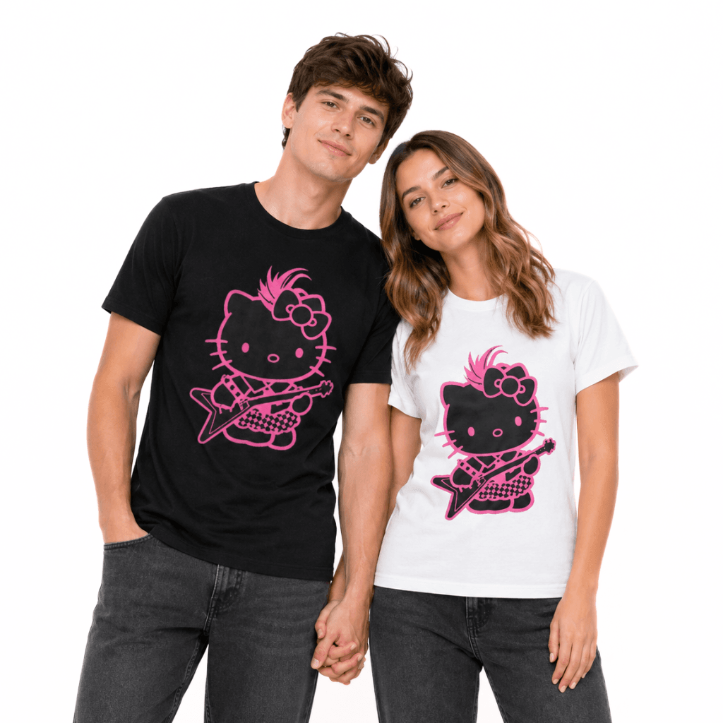 Black Hello Kitty rockstar t-shirt with pink cat guitar graphic on chest