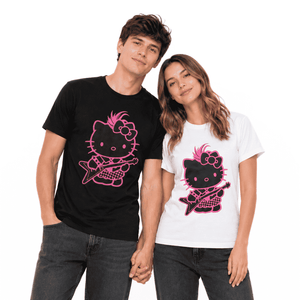 Pair of Hello Kitty rocker graphic t-shirts: black and white, crew neck