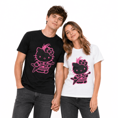 Black Hello Kitty rockstar t-shirt with pink cat guitar graphic on chest