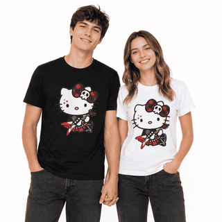 Two people wearing black and white graphic T-shirts with Hello Kitty punk star cat
