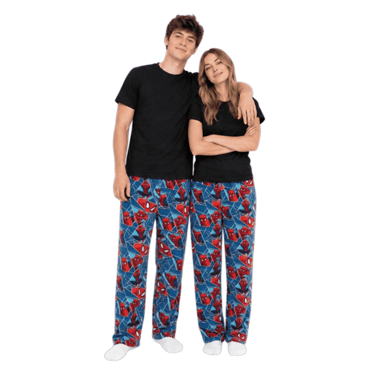 Spider-Man blue pajama pants with red-and-blue comic-style print