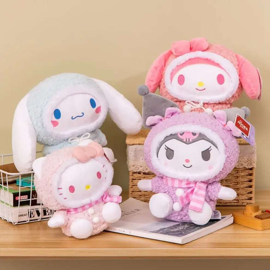 Assorted character plush winter jacket dolls with hoods and scarves on display