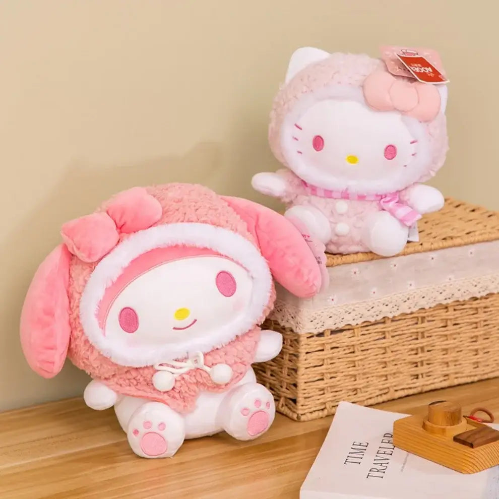 Pink and white plush hooded winter jacket toys on a wicker basket shelf