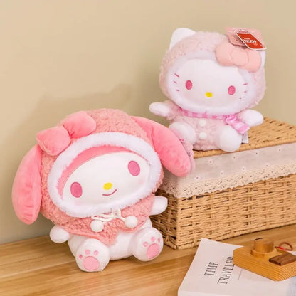 Pink and white plush hooded winter jacket toys on a wicker basket shelf