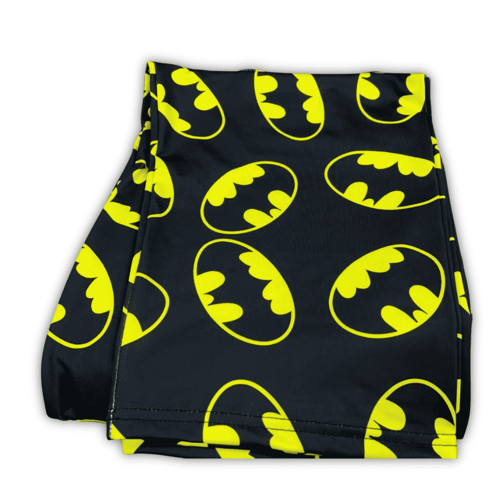 Thin Batman pajama pants, neon yellow bat print hem and cuff