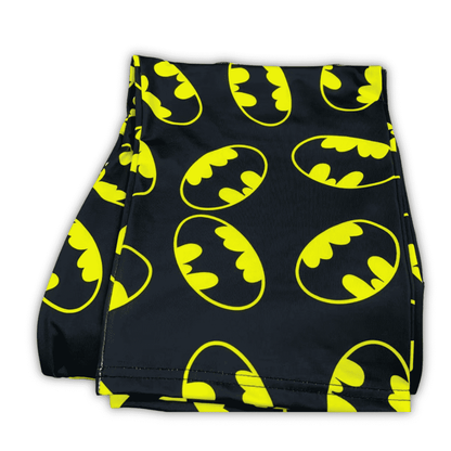 Thin Batman pajama pants, neon yellow bat print hem and cuff