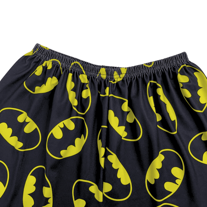 Thin Batman pajama pants, black fabric with scattered neon yellow bat prints