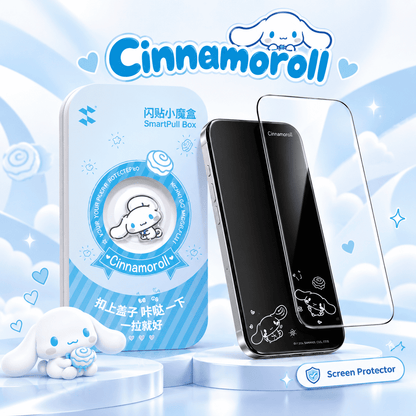 Cinnamoroll iPhone screen protector with clear glass and blue puppy character art