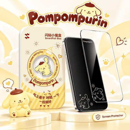 Pompompurin iPhone screen protector pack with puppy character ring graphic