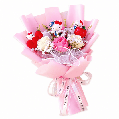 Pink Sanrio character artificial flower bouquet with three Hello Kitty figures and ribbon